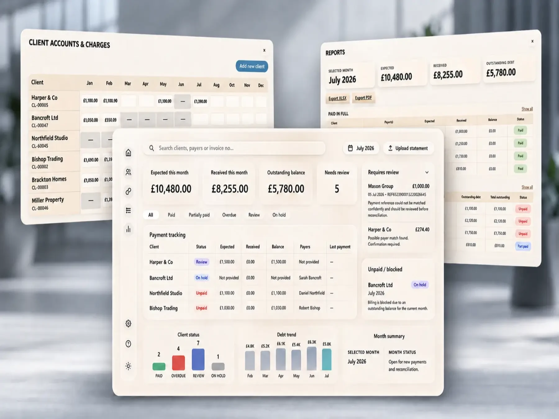 Customer Accounting App payment tracking and reconciliation screens with fictional data.