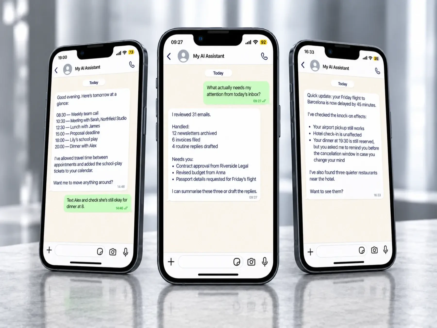 Private AI assistant briefings, inbox priorities and travel updates reconstructed with fictional information.