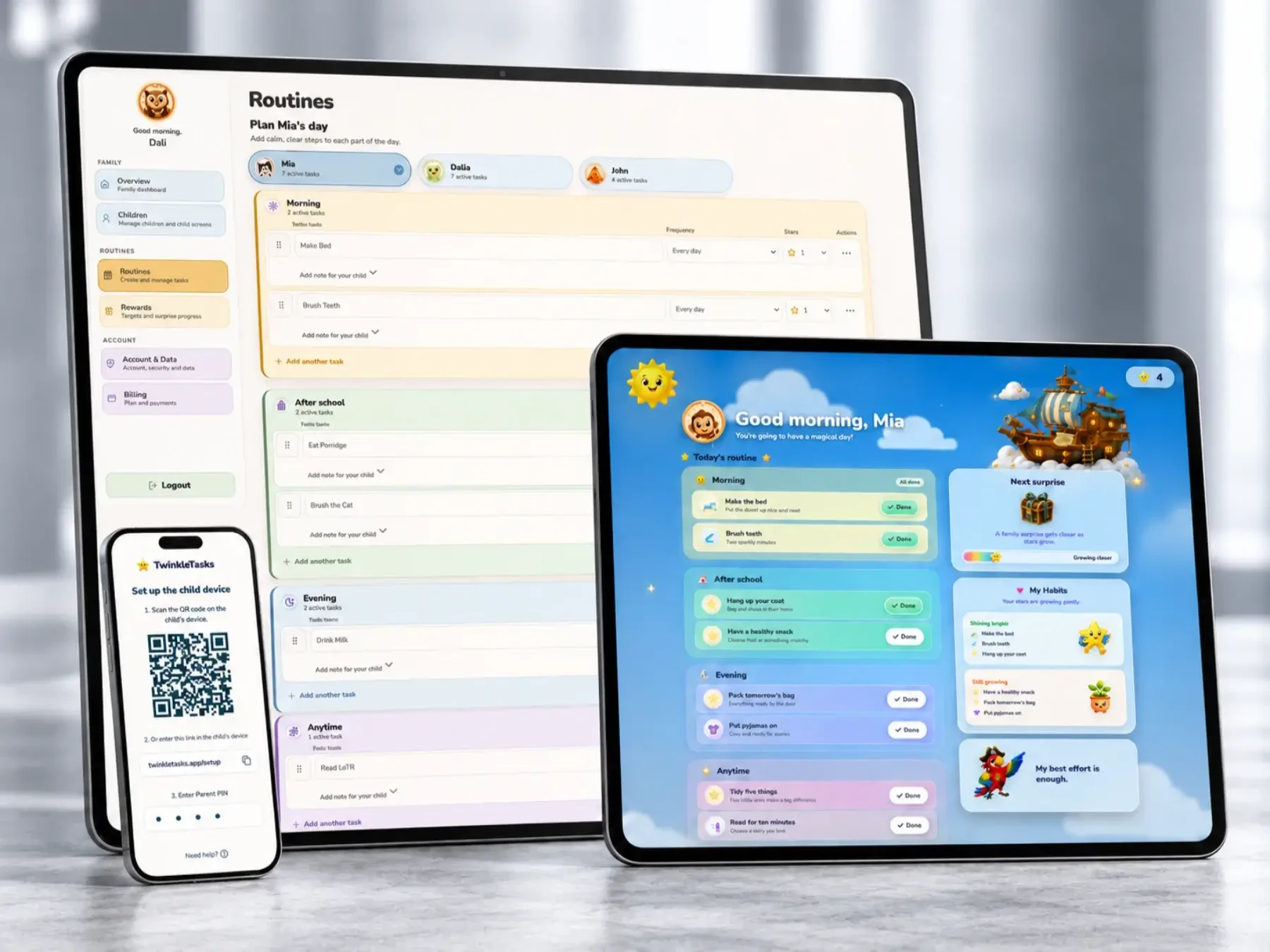 TwinkleTasks family organisation platform across parent and child screens.